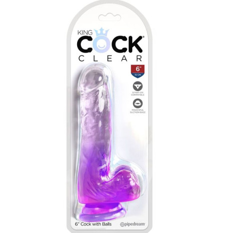 King Cock Clear – dildo realist transparent cu testicule mov 13,5 cm
