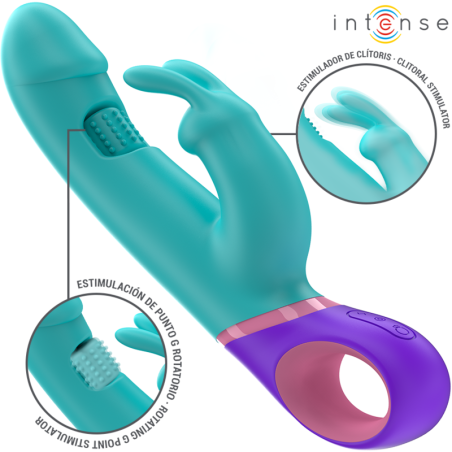 Intense - vibrator rabbit cu stimulator rotativ pentru punctul G, albastru