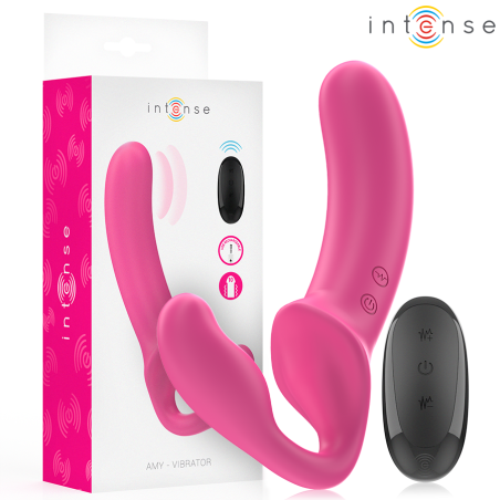 Vibrator INTENSE – AMY, dublu, cu telecomanda, roz, 20 cm