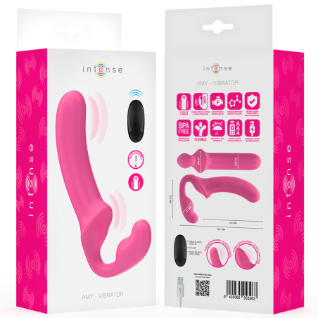 Vibrator INTENSE – AMY, dublu, cu telecomanda, roz, 20 cm