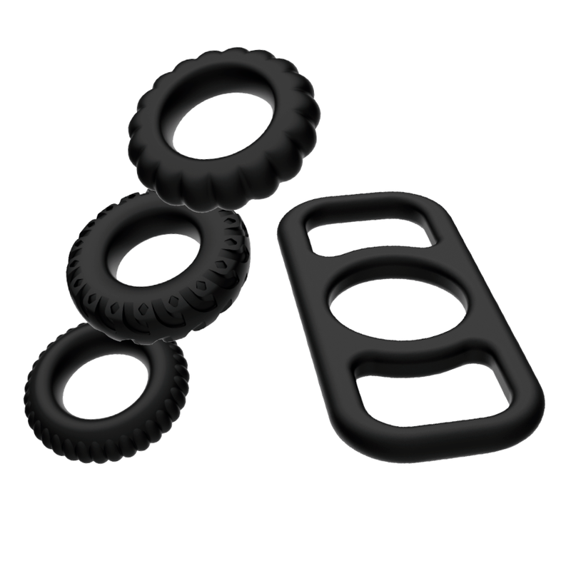 Set 4 inele pentru penis ADDICTED TOYS Cock Ring Set, din silicon flexibil, diametre progresive 2.1 - 2.8 cm, negru