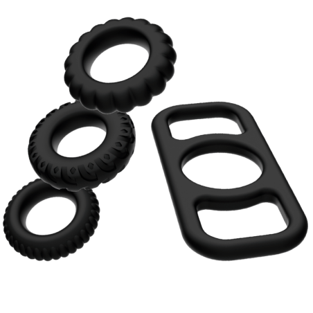 Set 4 inele pentru penis ADDICTED TOYS Cock Ring Set, din silicon flexibil, diametre progresive 2.1 - 2.8 cm, negru