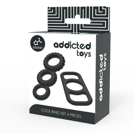 Set 4 inele pentru penis ADDICTED TOYS Cock Ring Set, din silicon flexibil, diametre progresive 2.1 - 2.8 cm, negru