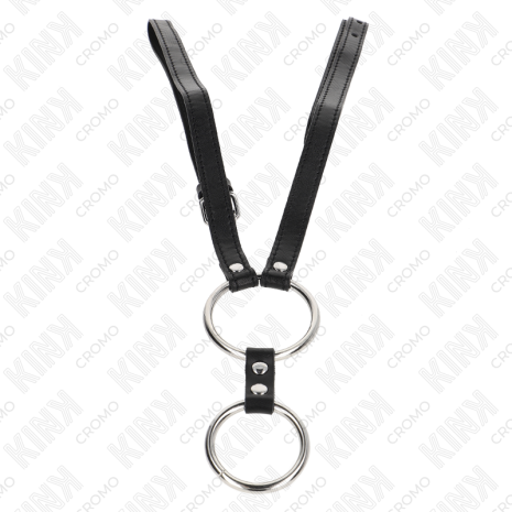 KINK - INEL DUBLU DIN METAL PENTRU PENIS DE LA 3,8 CM LA 5 CM CU CUREA DIN PIELE ECONOMICĂ 112 CM