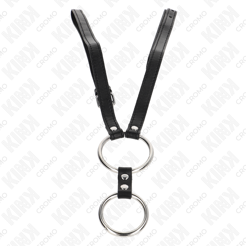 KINK - INEL DUBLU DIN METAL PENTRU PENIS DE LA 3,8 CM LA 5 CM CU CUREA DIN PIELE ECONOMICĂ 112 CM