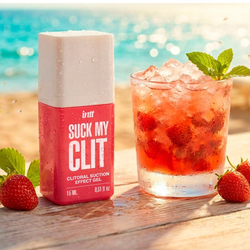 Gel stimulant clitoridian INTT – Suck My Clit, efect de sucțiune și încălzire, aromă Wild Strawberry