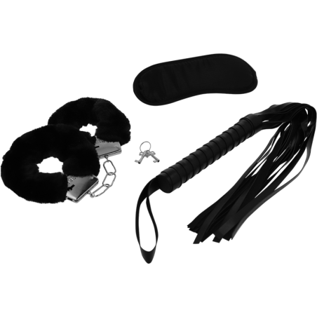 Set erotic Fetish 1 cu cătușe, mască pentru ochi și bici (flogger)