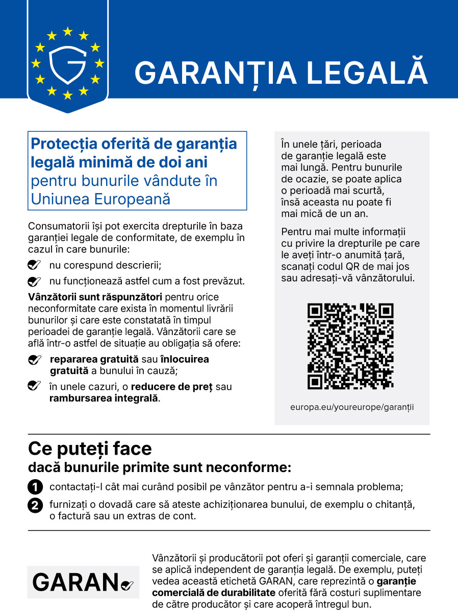 Notificarea armonizată evidențiază pentru consumatori a garanției legale de conformitate.